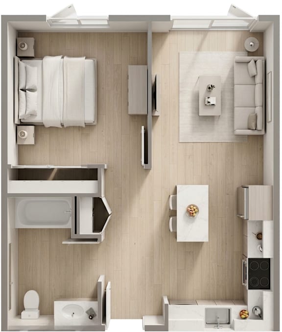 A modern apartment with a bed, sofa, kitchen, and bathroom sink, toilet, and bathtub.