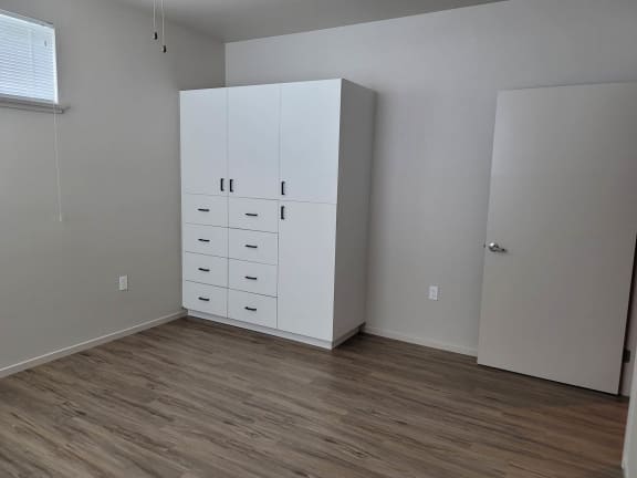 White built in cabinets/wardrobe in bedroom with wood floors and high window