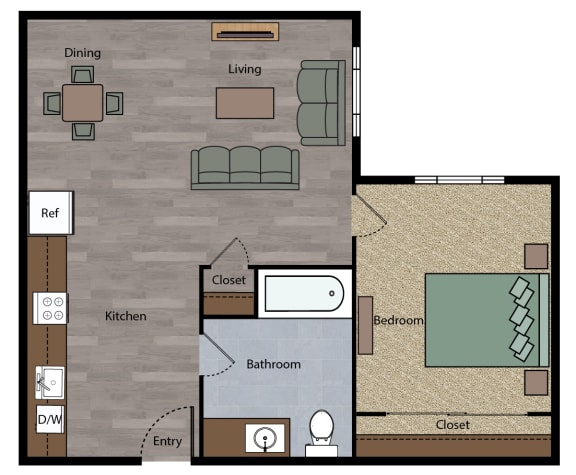 1 bedroom apartment with a living room, kitchen, 1 bathroom with a tub, and 1 bedroom