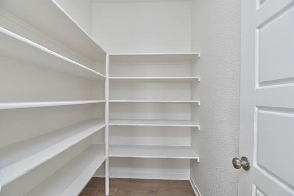 A white closet with shelves and a door.