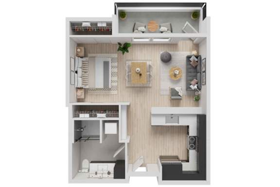 A top-down view of a small apartment with a kitchen, living room, and bedroom.