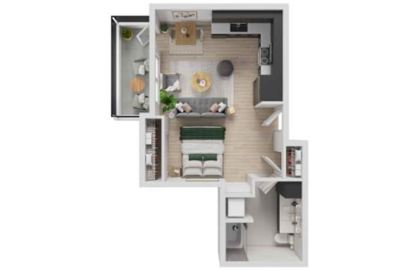 A top-down view of a small apartment layout with a kitchen, living room, and bathroom.