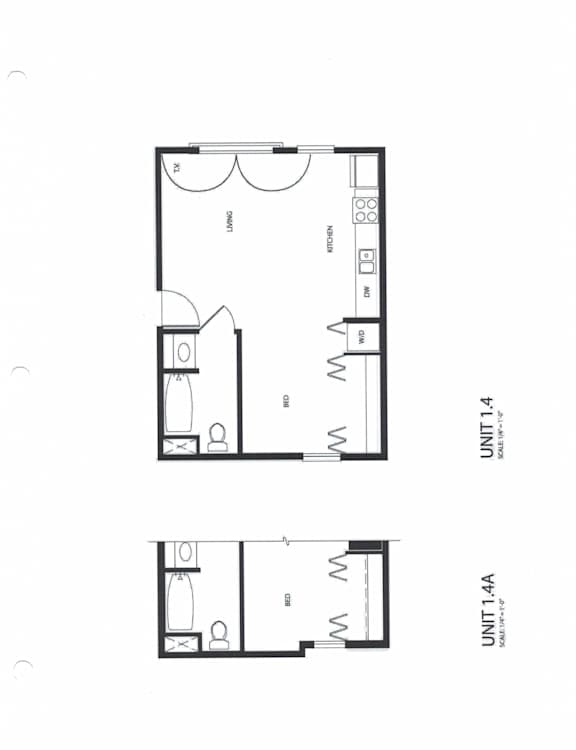 A floor plan of a 14x14 unit with a kitchen and a bathroom.