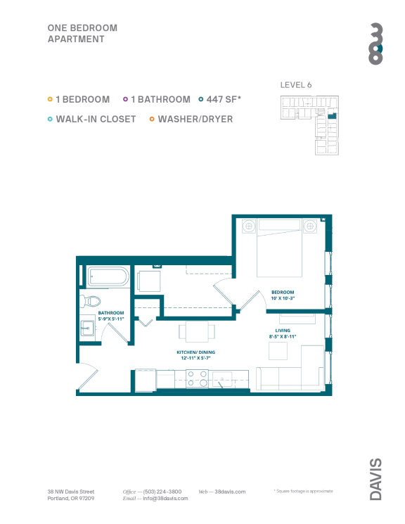 38 Davis_ One Bedroom One Bathroom 447 Sq. Ft.