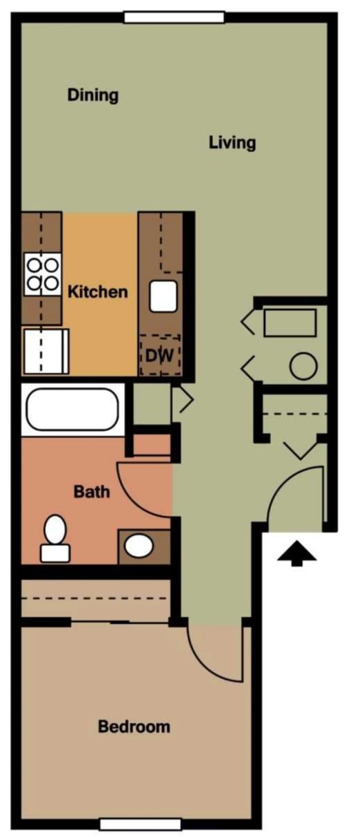 A floor plan of a small apartment with a kitchen, bathroom, bedroom, and living room.