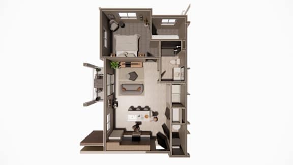 A 3D model of a small apartment with a bedroom, living room, and kitchen.
