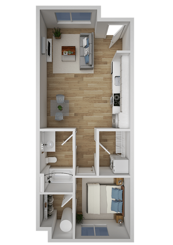 A top-down view of a one bedroom apartment with a kitchen, living room, and bathroom.