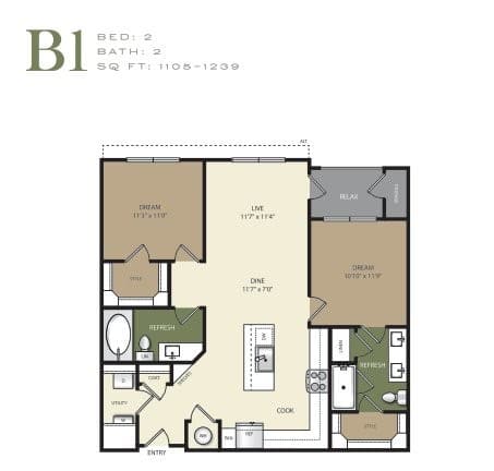 A floor plan of apartment B1 with two bedrooms and two bathrooms.