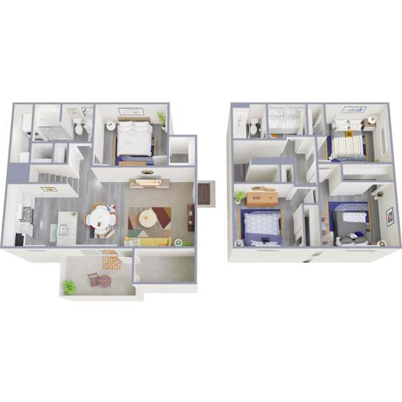Two images of a dollhouse apartment with furniture and decor.