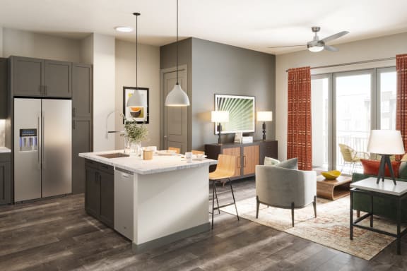 Aura Thirty2 Apartments Model Living Room and Kitchen Rendering