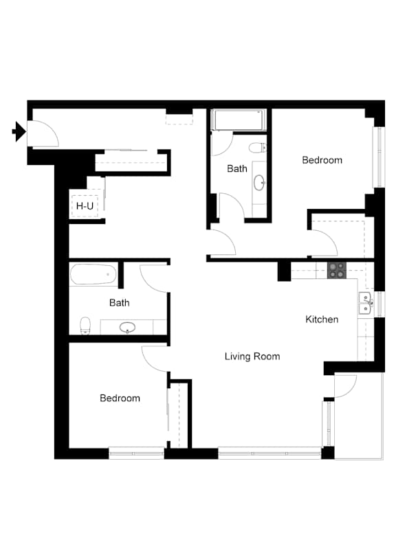 A floor plan of a house with a living room, kitchen, and two bedrooms.