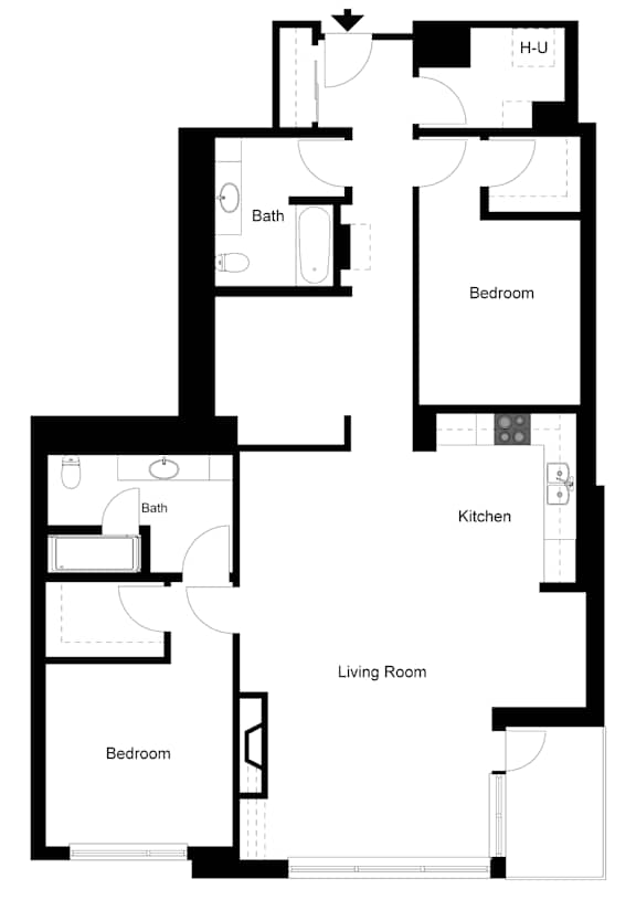 A black and white image of a floor plan for a house with a living room, kitchen, and two bedrooms.