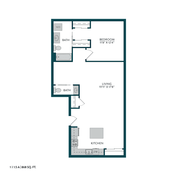 A floor plan of a one bedroom apartment with a living room, kitchen and two bathrooms.