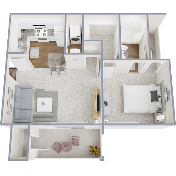 A 3D floor plan of a house showing a living room, kitchen, and two bedrooms.