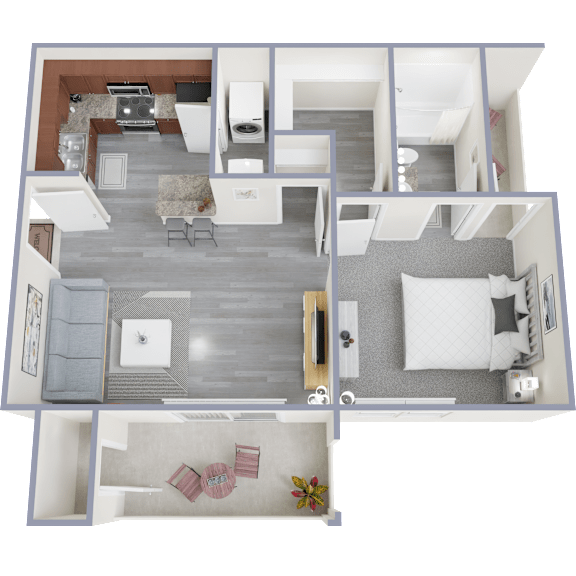 A 3D floor plan of a house showing a living room, kitchen, and two bedrooms.