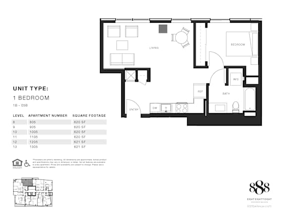 A black and white image of a floor plan for a 1 bedroom apartment.