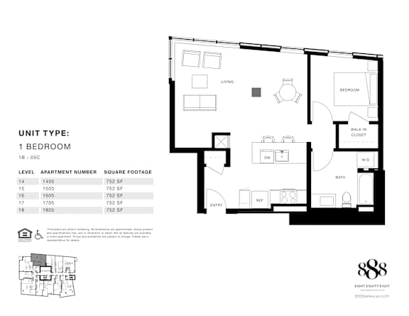 A black and white image of a floor plan for a 1 bedroom apartment.