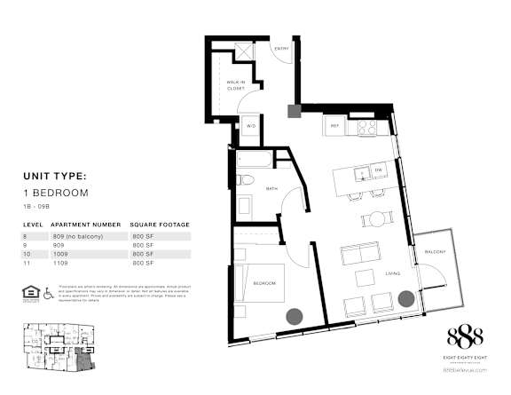 A black and white image of a floor plan for a 1 bedroom apartment.