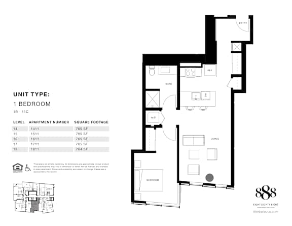 A black and white image of a floor plan for a 1 bedroom apartment.