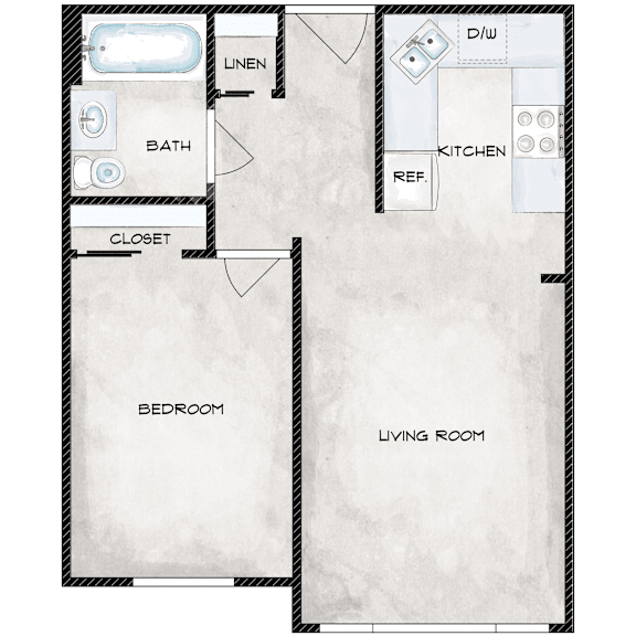 A floor plan of a small apartment with a bedroom, living room, kitchen, and bathroom.