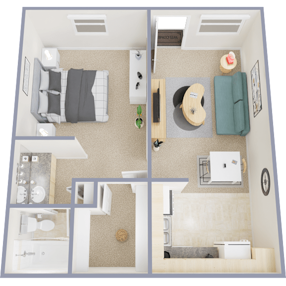 A 3D floor plan of a small apartment with a bedroom, living room, kitchen, and bathroom.