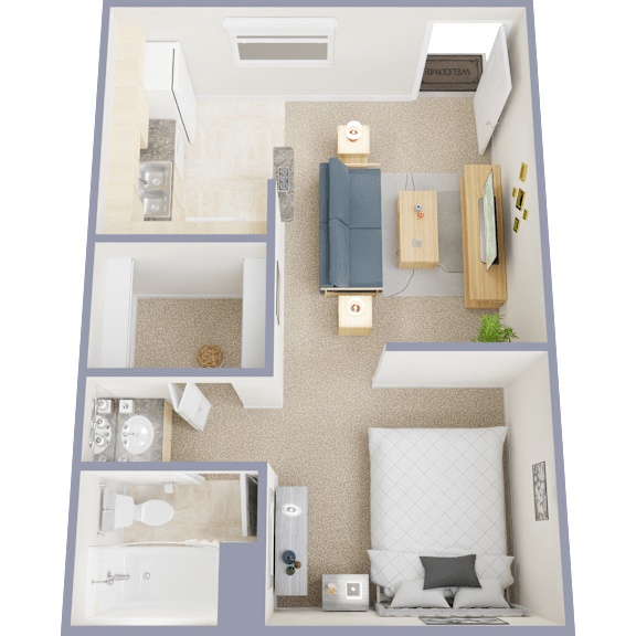 A top-down view of a small, neatly organized bedroom with a bed, dresser, and bathroom.