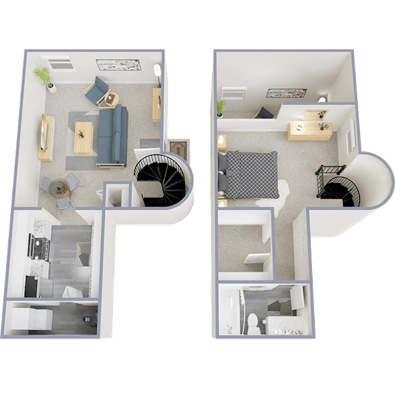 A floor plan of a two-story apartment with a living room, kitchen, and bedrooms.