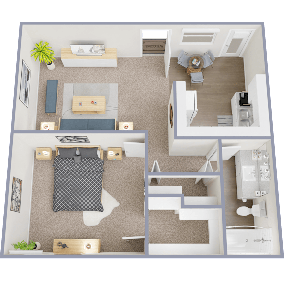 A floor plan of a small apartment with a kitchen, living room, and bathroom.