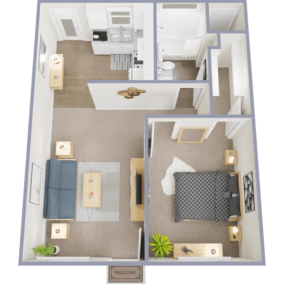 A floor plan of a small apartment with a kitchen, living room, and bedroom.