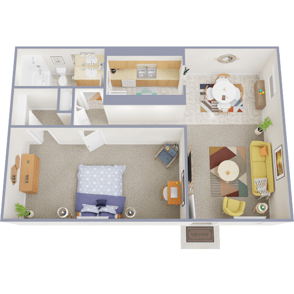 A top-down view of a room with a bed, a couch, a chair, a dining table, and a kitchen area.