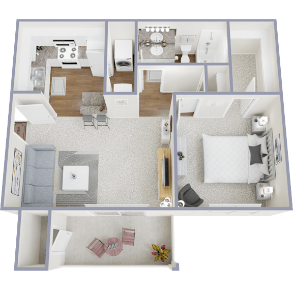 A 3D floor plan of a house showing a living room, kitchen, and two bedrooms.
