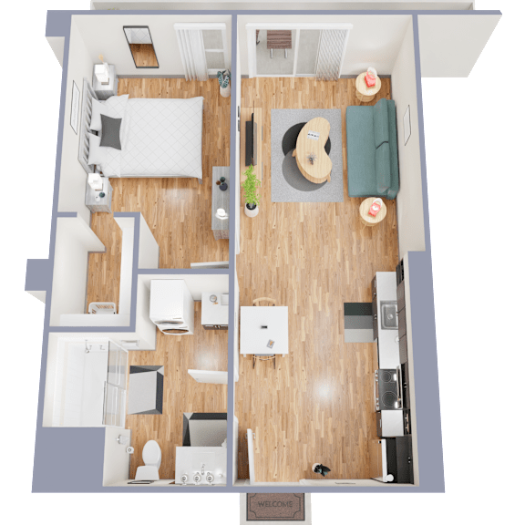 A floor plan of a one bedroom apartment with a bedroom, living room, and bathroom.