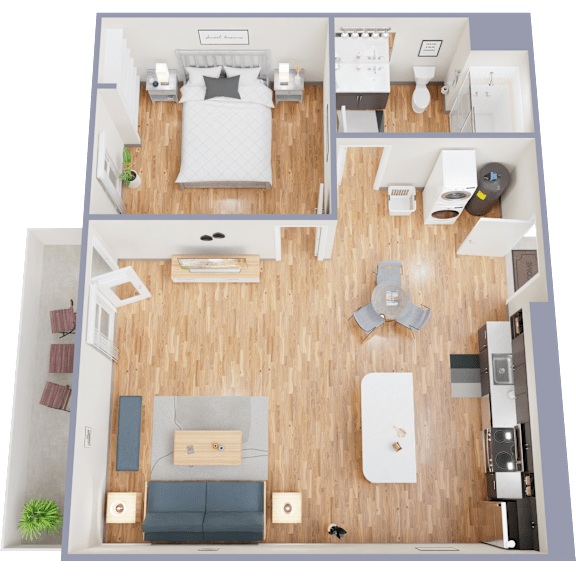 A floor plan of a one bedroom apartment with a bedroom, living room, and bathroom.