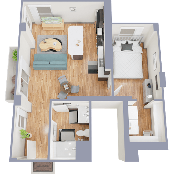 A floor plan of a one bedroom apartment with a bedroom, living room, and bathroom.