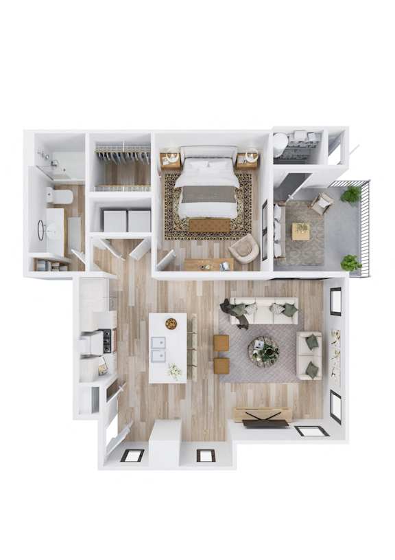A top-down view of a modern apartment layout.