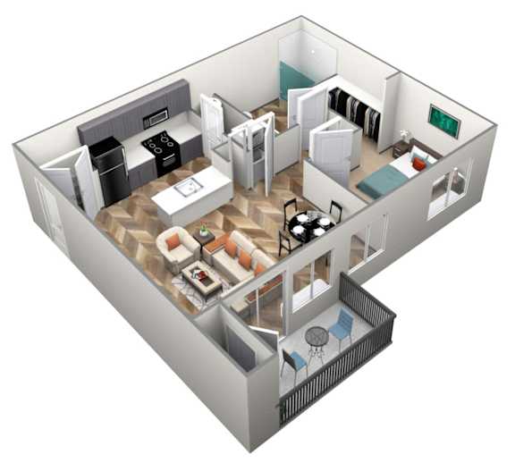 A 3D rendered image of a modern apartment layout.