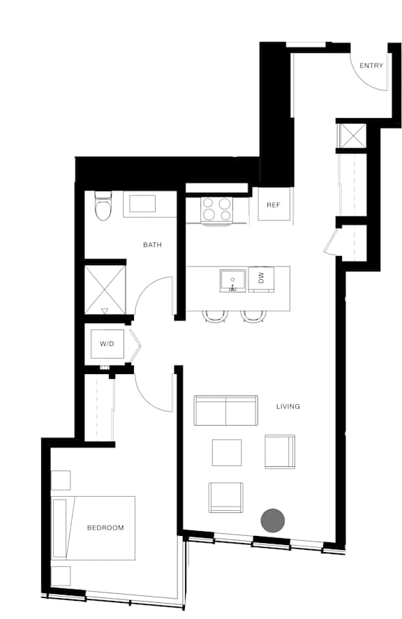 A black and white image of a floor plan for a 1 bedroom 1 bathroom apartment home at 888 Bellevue.