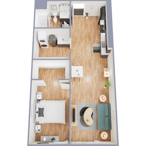 A floor plan of a one bedroom apartment with a bedroom, living room, and bathroom.