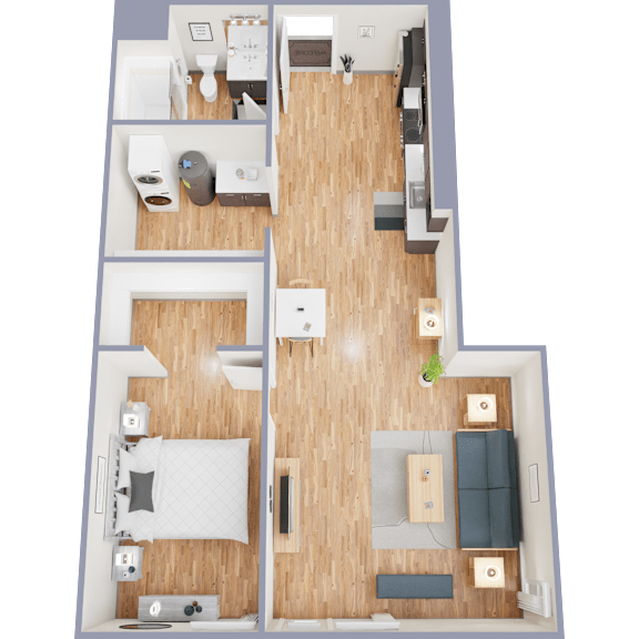 A floor plan of a one bedroom apartment with a bedroom, living room, and bathroom.