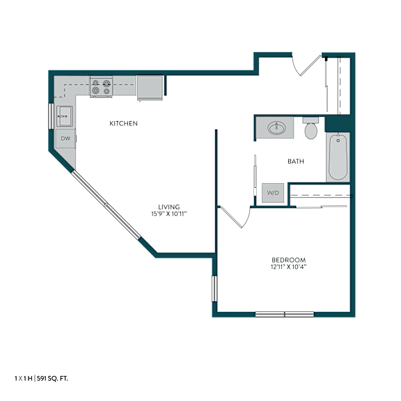 A floor plan of a 1 bedroom, 1 bathroom apartment sized at 159 square feet.