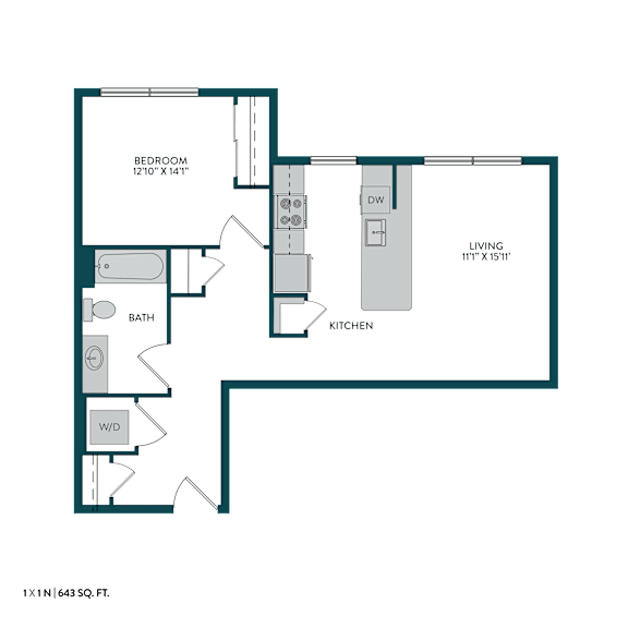 A floor plan of a one-bedroom apartment with a living room, kitchen, bathroom, and bedroom.