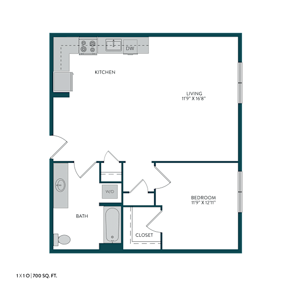 A floor plan of a small apartment with a kitchen, bathroom, and bedroom.