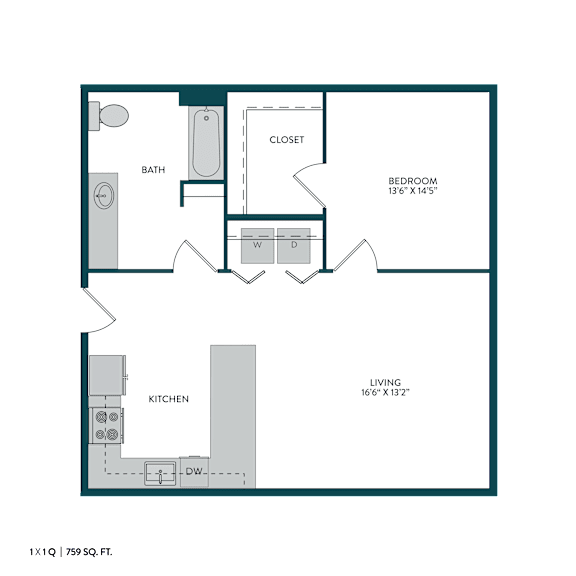 A floor plan of a one-bedroom apartment with a living area, kitchen, and bathroom.
