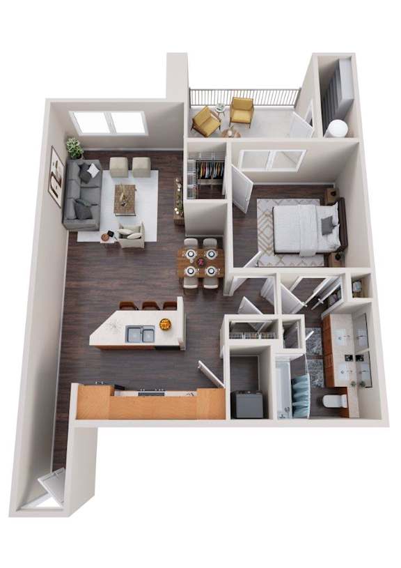 A 3D floor plan of a small apartment with a kitchen, living room, and bedrooms.