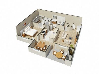 A 3D image of a house layout with multiple rooms.