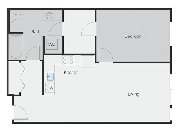 A floor plan of a living space showing a kitchen, bathroom, and bedroom.