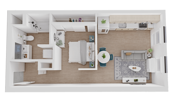 a floor plan of a one bedroom apartment with a bathroom and kitchen