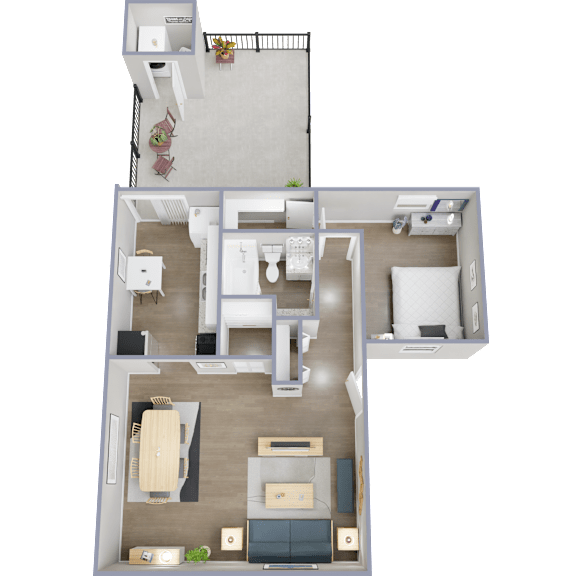 A top-down view of a two-bedroom apartment with a living room, kitchen, and bathroom.