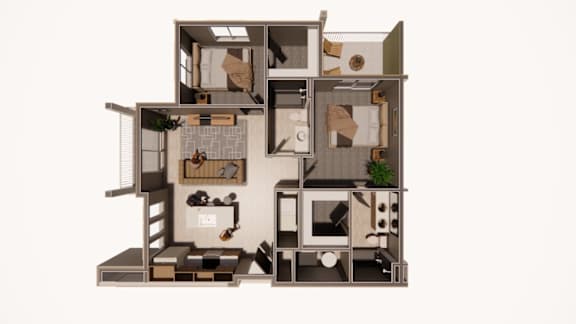 A 3D rendered image of a modern apartment layout.