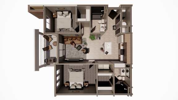 A 3D floor plan of a small apartment with a kitchen, living room, and bathroom.